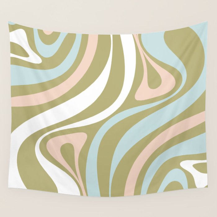 Retro Abstract New Groove Swirl Pattern Soft Sage Green Light Blue Wall Tapestry Gallery Image 1