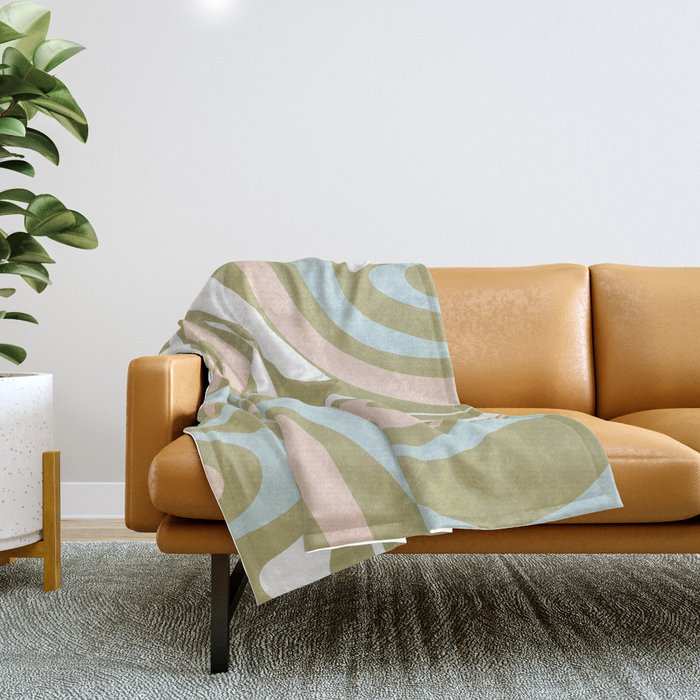 Retro Abstract New Groove Swirl Pattern Soft Sage Green Light Blue Throw Blanket Gallery Image 1
