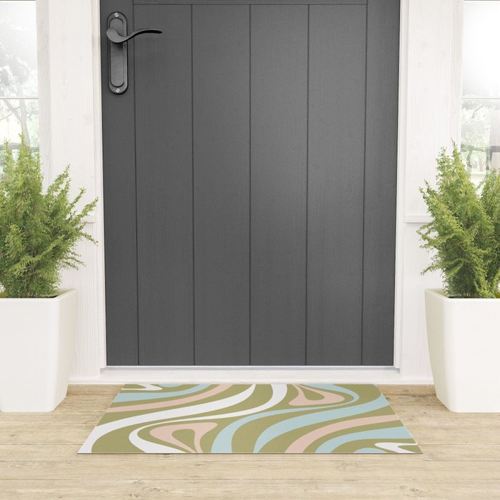 Retro Abstract New Groove Swirl Pattern Soft Sage Green Light Blue Welcome Mat Gallery Image 3