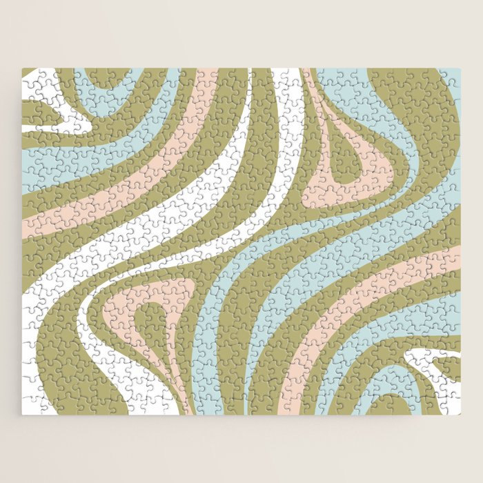 Retro Abstract New Groove Swirl Pattern Soft Sage Green Light Blue Jigsaw Puzzle Gallery Image 1