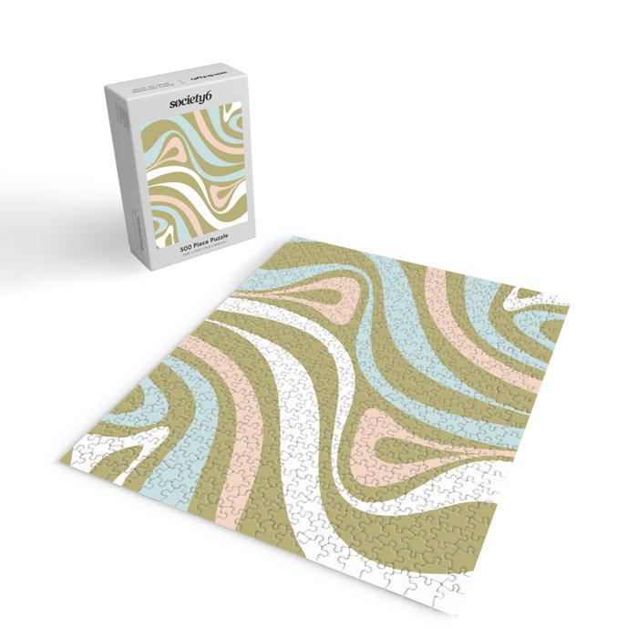 Retro Abstract New Groove Swirl Pattern Soft Sage Green Light Blue Jigsaw Puzzle Gallery Image 2