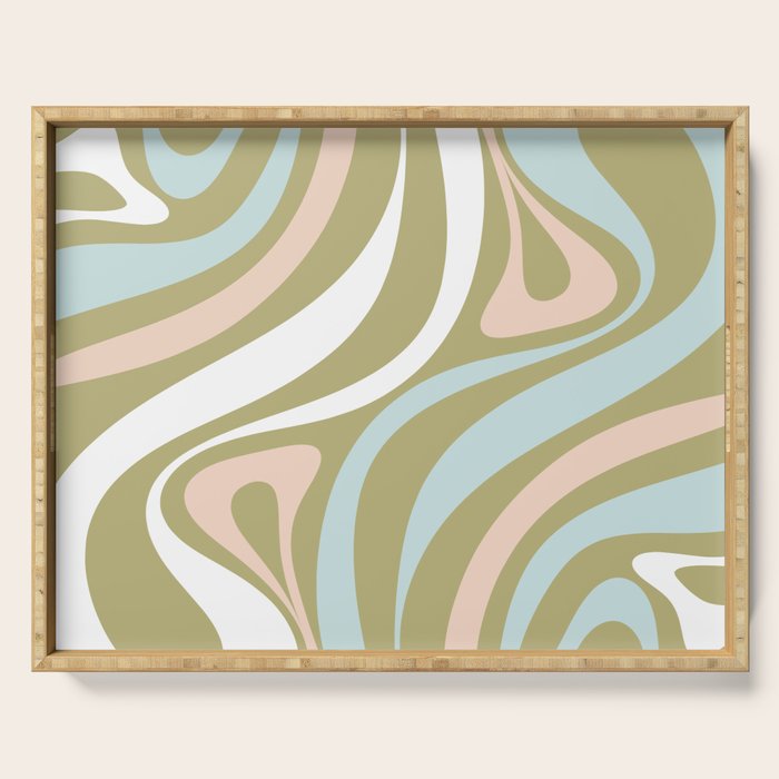 Retro Abstract New Groove Swirl Pattern Soft Sage Green Light Blue Serving Tray Gallery Image 1