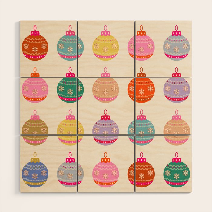 Retro Colorful Christmas Baubles Wood Wall Art Gallery Image 1