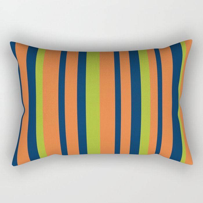 Vertical Retro Stripes in Navy Blue, Orange, and Lime Green Pattern Rectangular Pillow Gallery Image 1