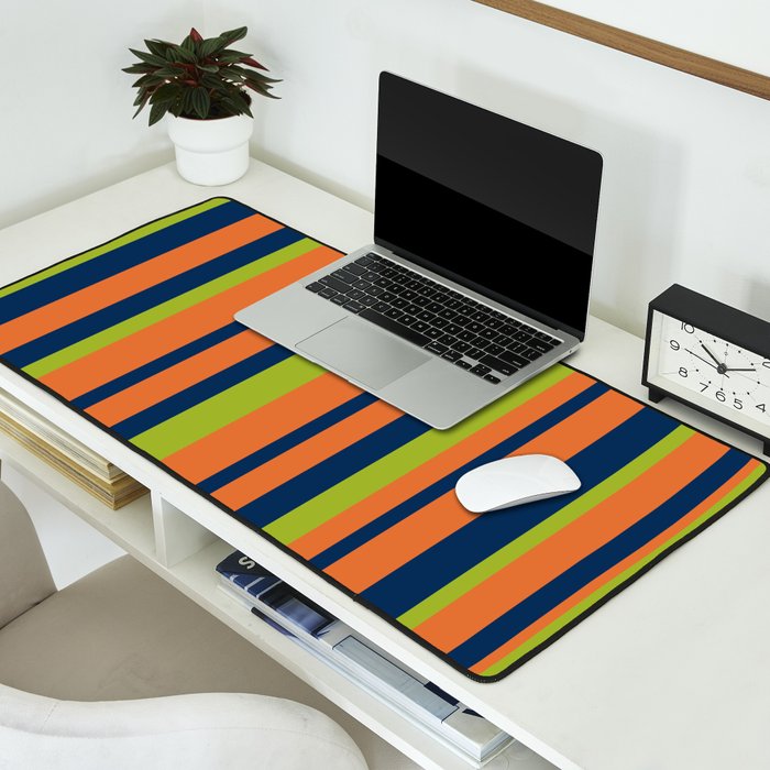 Vertical Retro Stripes in Navy Blue, Orange, and Lime Green Pattern Desk Mat Gallery Image 2