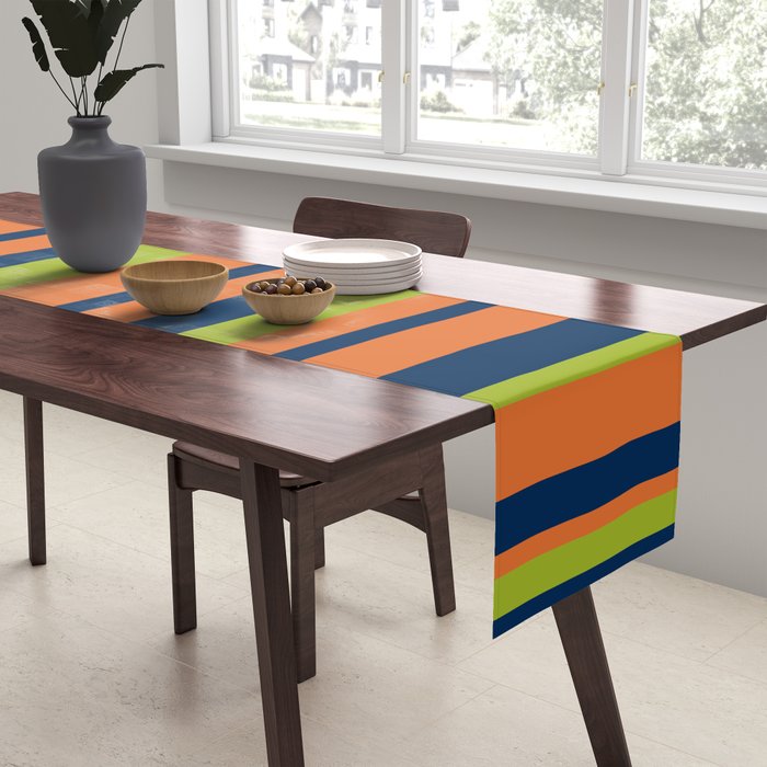 Vertical Retro Stripes in Navy Blue, Orange, and Lime Green Pattern Table Runner Gallery Image 2