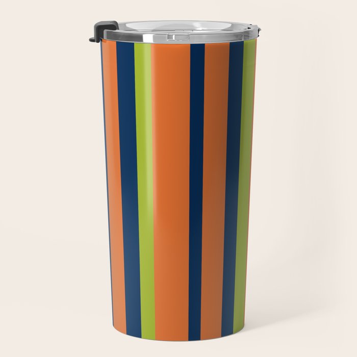 Vertical Retro Stripes in Navy Blue, Orange, and Lime Green Pattern Travel Mug Gallery Image 3