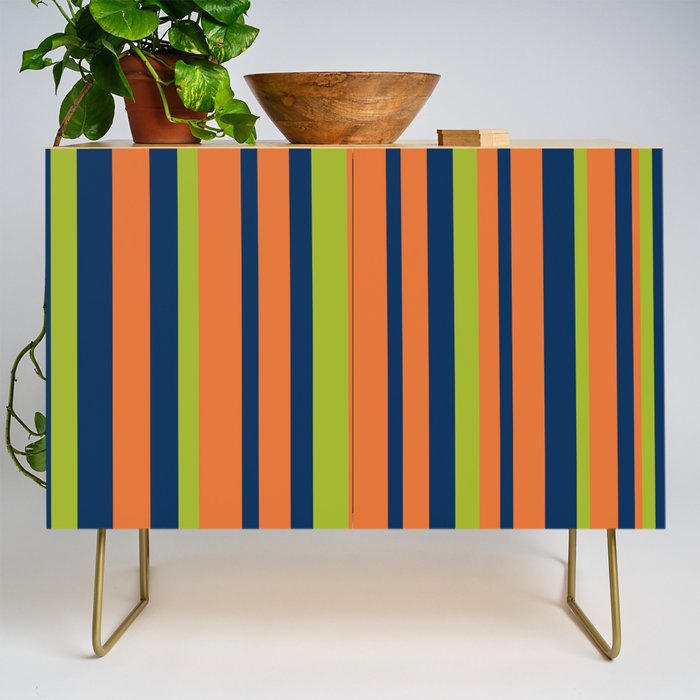 Vertical Retro Stripes in Navy Blue, Orange, and Lime Green Pattern Credenza Gallery Image 1