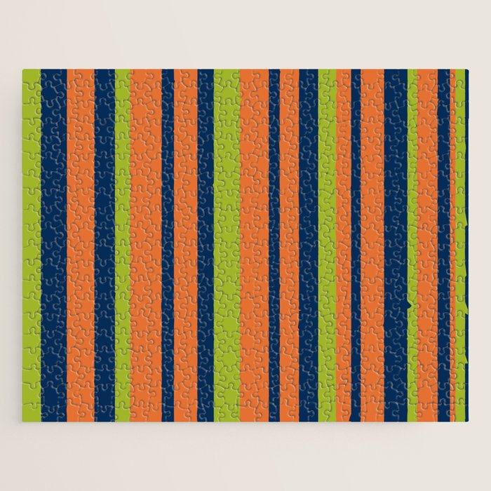 Vertical Retro Stripes in Navy Blue, Orange, and Lime Green Pattern Jigsaw Puzzle Gallery Image 1
