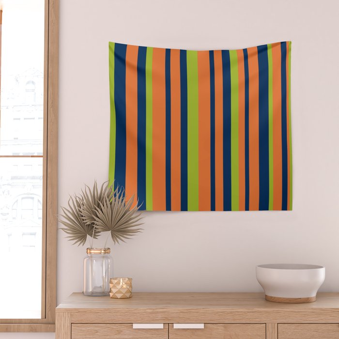 Vertical Retro Stripes in Navy Blue, Orange, and Lime Green Pattern Wall Tapestry Gallery Image 2