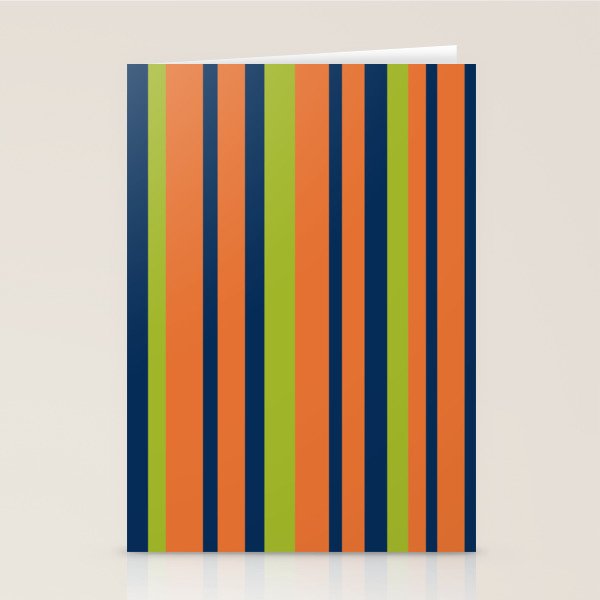 Vertical Retro Stripes in Navy Blue, Orange, and Lime Green Pattern Stationery Card Gallery Image 1
