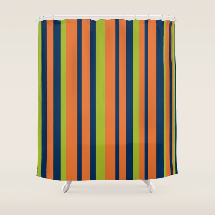 Vertical Retro Stripes in Navy Blue, Orange, and Lime Green Pattern Shower Curtain Gallery Image 1
