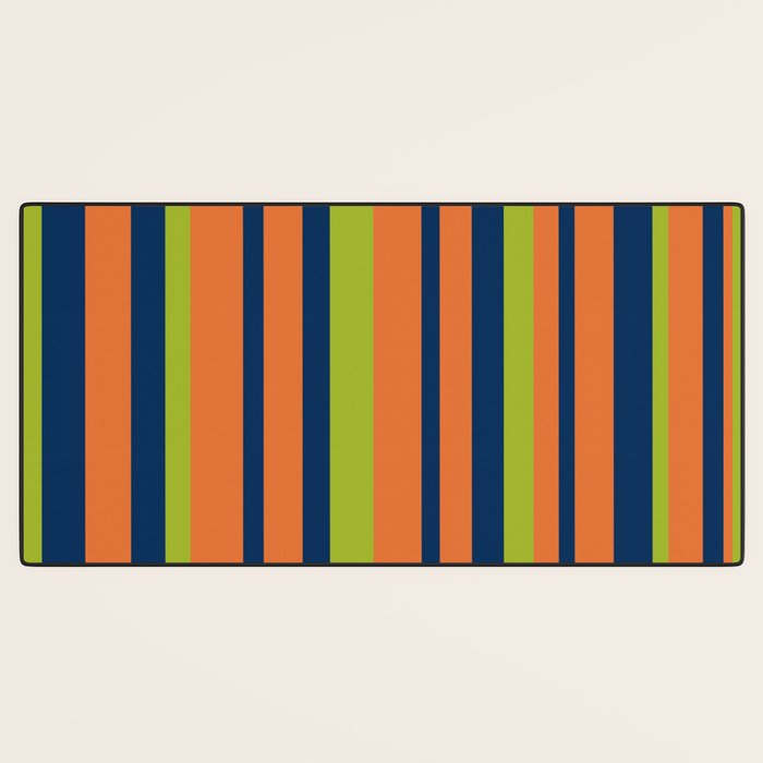 Vertical Retro Stripes in Navy Blue, Orange, and Lime Green Pattern Desk Mat Gallery Image 3
