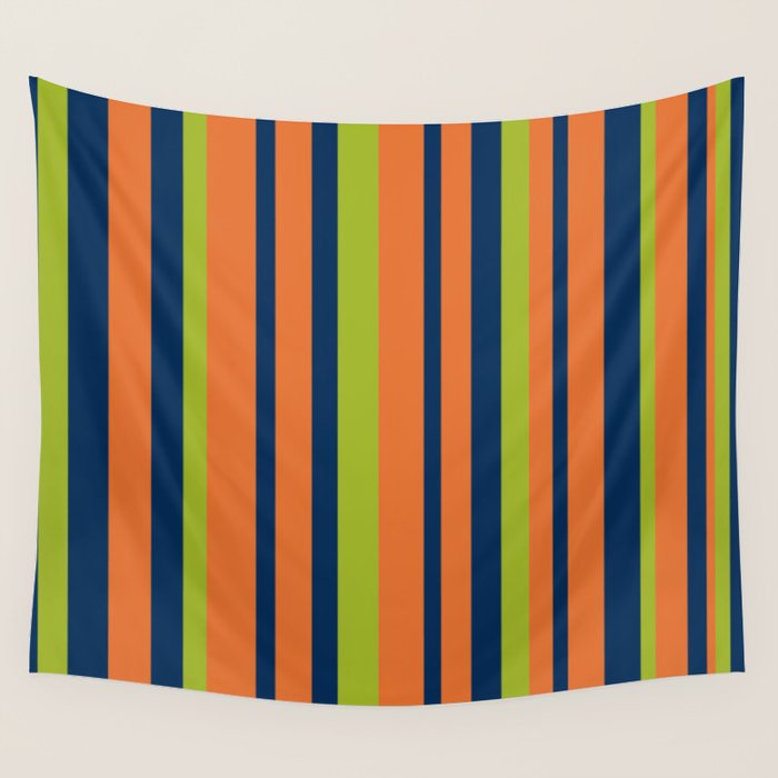 Vertical Retro Stripes in Navy Blue, Orange, and Lime Green Pattern Wall Tapestry Gallery Image 4