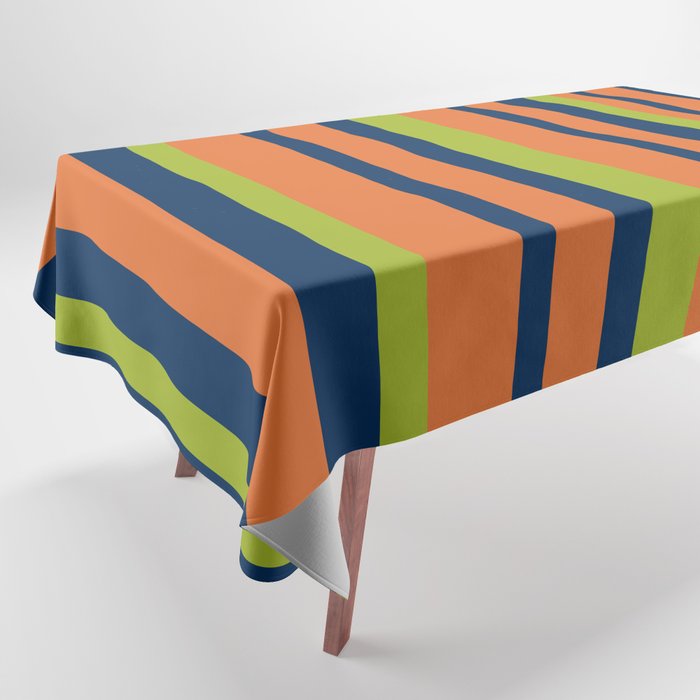 Vertical Retro Stripes in Navy Blue, Orange, and Lime Green Pattern Tablecloth Gallery Image 1