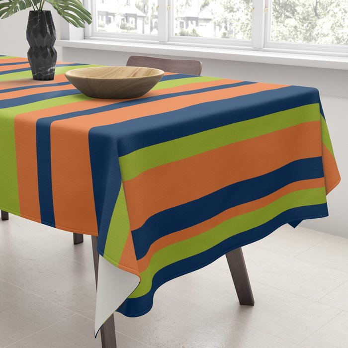Vertical Retro Stripes in Navy Blue, Orange, and Lime Green Pattern Tablecloth Gallery Image 3