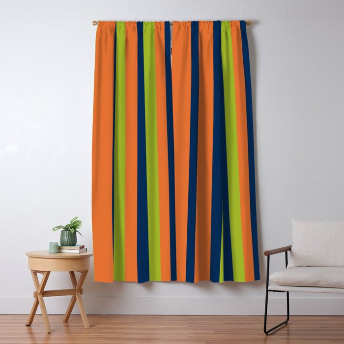 Vertical Retro Stripes in Navy Blue, Orange, and Lime Green Pattern Window Curtain Gallery Image 5