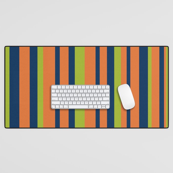 Vertical Retro Stripes in Navy Blue, Orange, and Lime Green Pattern Desk Mat Gallery Image 1