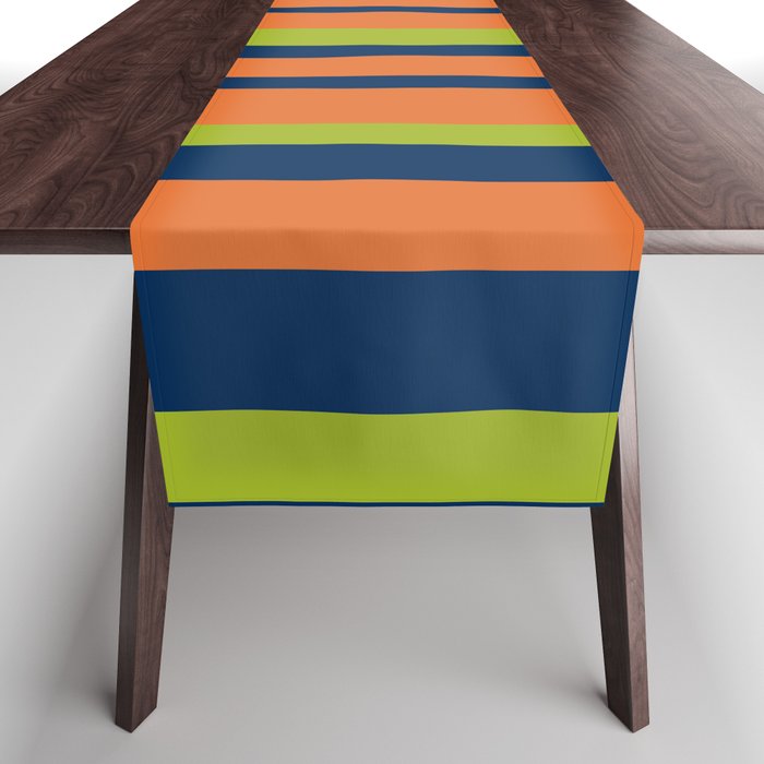 Vertical Retro Stripes in Navy Blue, Orange, and Lime Green Pattern Table Runner Gallery Image 1
