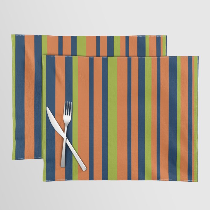 Vertical Retro Stripes in Navy Blue, Orange, and Lime Green Pattern Placemat Gallery Image 1