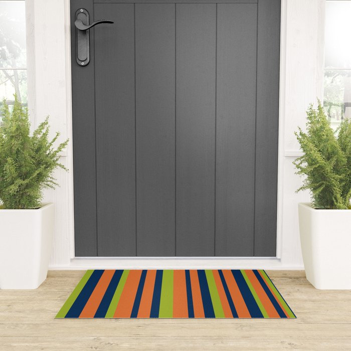 Vertical Retro Stripes in Navy Blue, Orange, and Lime Green Pattern Welcome Mat Gallery Image 3
