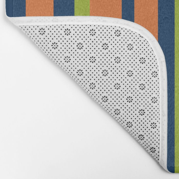 Vertical Retro Stripes in Navy Blue, Orange, and Lime Green Pattern Bath Mat Gallery Image 2