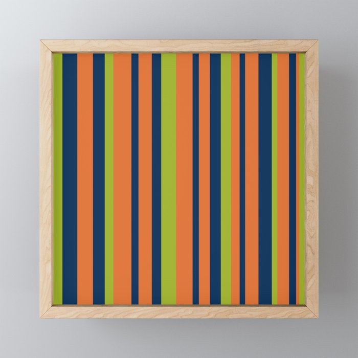 Vertical Retro Stripes in Navy Blue, Orange, and Lime Green Pattern Mini Art Print Gallery Image 1