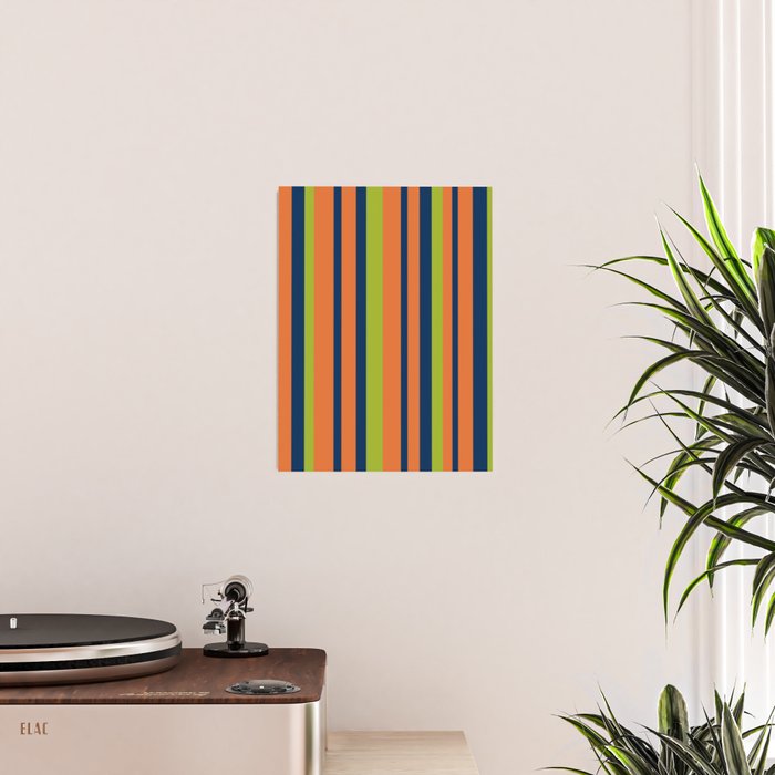 Vertical Retro Stripes in Navy Blue, Orange, and Lime Green Pattern Poster Gallery Image 2