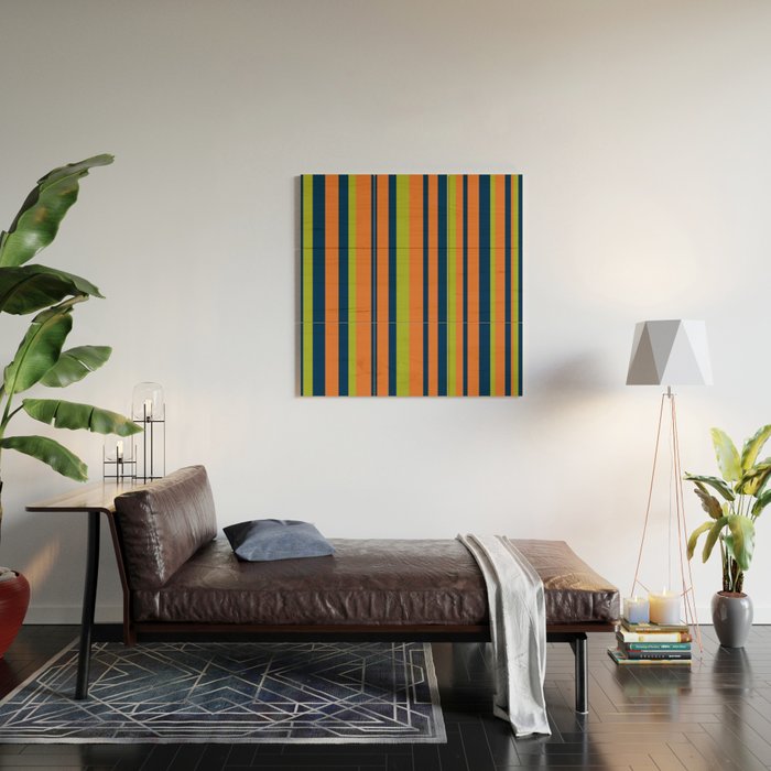 Vertical Retro Stripes in Navy Blue, Orange, and Lime Green Pattern Wood Wall Art Gallery Image 2