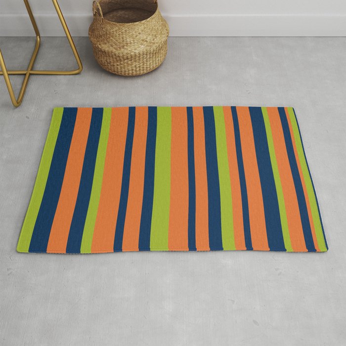 Vertical Retro Stripes in Navy Blue, Orange, and Lime Green Pattern Rug Gallery Image 1