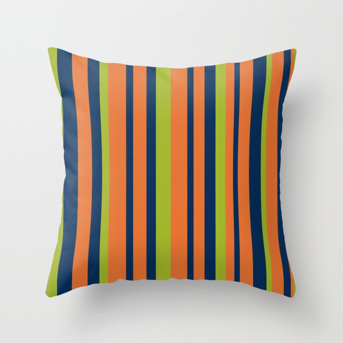 Vertical Retro Stripes in Navy Blue, Orange, and Lime Green Pattern Throw Pillow Gallery Image 1
