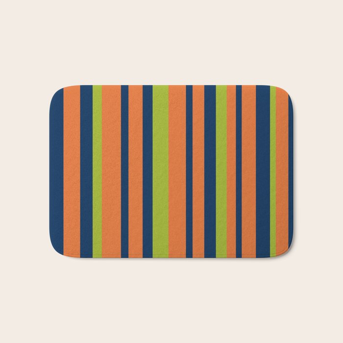 Vertical Retro Stripes in Navy Blue, Orange, and Lime Green Pattern Bath Mat Gallery Image 1