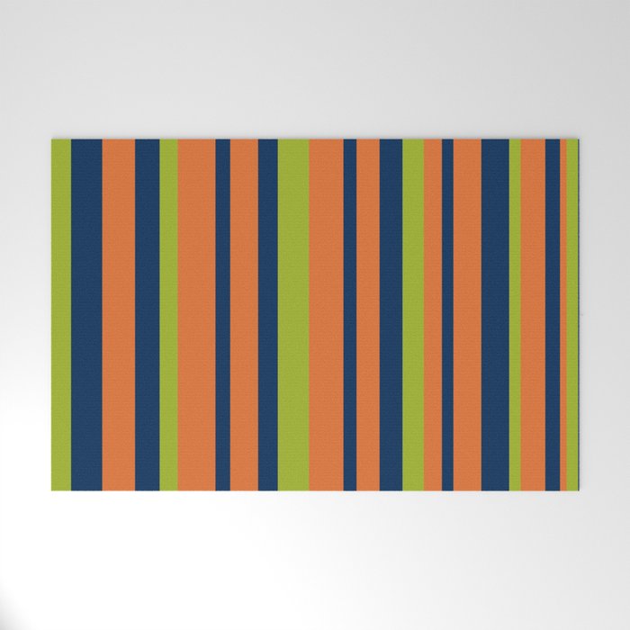 Vertical Retro Stripes in Navy Blue, Orange, and Lime Green Pattern Welcome Mat Gallery Image 1