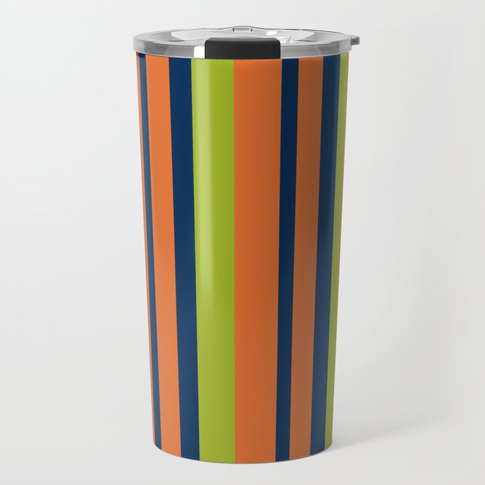 Vertical Retro Stripes in Navy Blue, Orange, and Lime Green Pattern Travel Mug Gallery Image 1