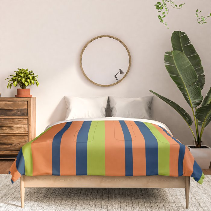 Vertical Retro Stripes in Navy Blue, Orange, and Lime Green Pattern Comforter Gallery Image 3