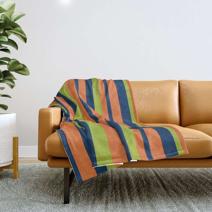 Vertical Retro Stripes in Navy Blue, Orange, and Lime Green Pattern Throw Blanket Gallery Image 1