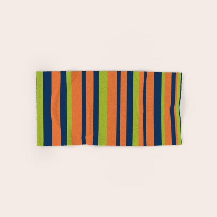 Vertical Retro Stripes in Navy Blue, Orange, and Lime Green Pattern Towels Gallery Image 1