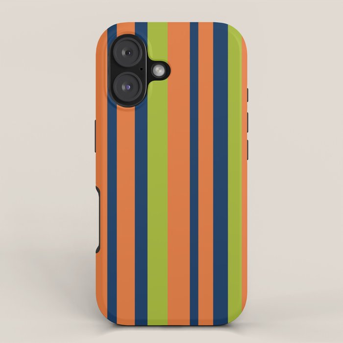 Vertical Retro Stripes in Navy Blue, Orange, and Lime Green Pattern iPhone Case Gallery Image 1