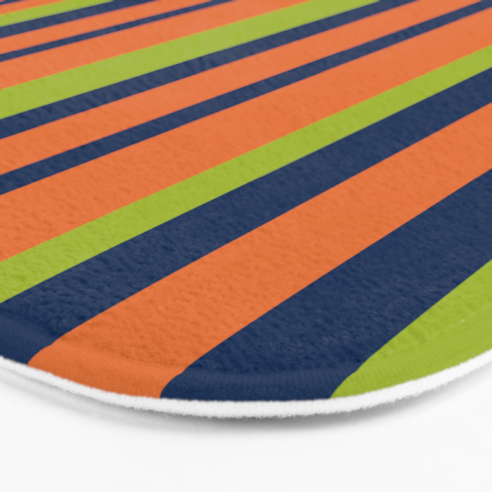 Vertical Retro Stripes in Navy Blue, Orange, and Lime Green Pattern Bath Mat Gallery Image 3