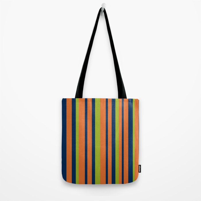 Vertical Retro Stripes in Navy Blue, Orange, and Lime Green Pattern Tote Bag Gallery Image 2
