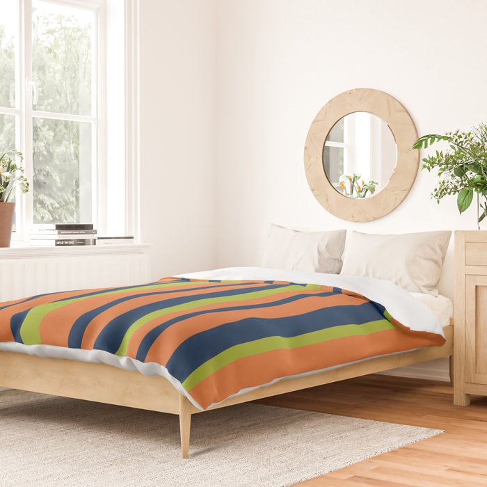 Vertical Retro Stripes in Navy Blue, Orange, and Lime Green Pattern Duvet Cover Gallery Image 2