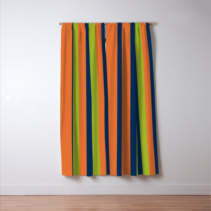 Vertical Retro Stripes in Navy Blue, Orange, and Lime Green Pattern Window Curtain Gallery Image 3