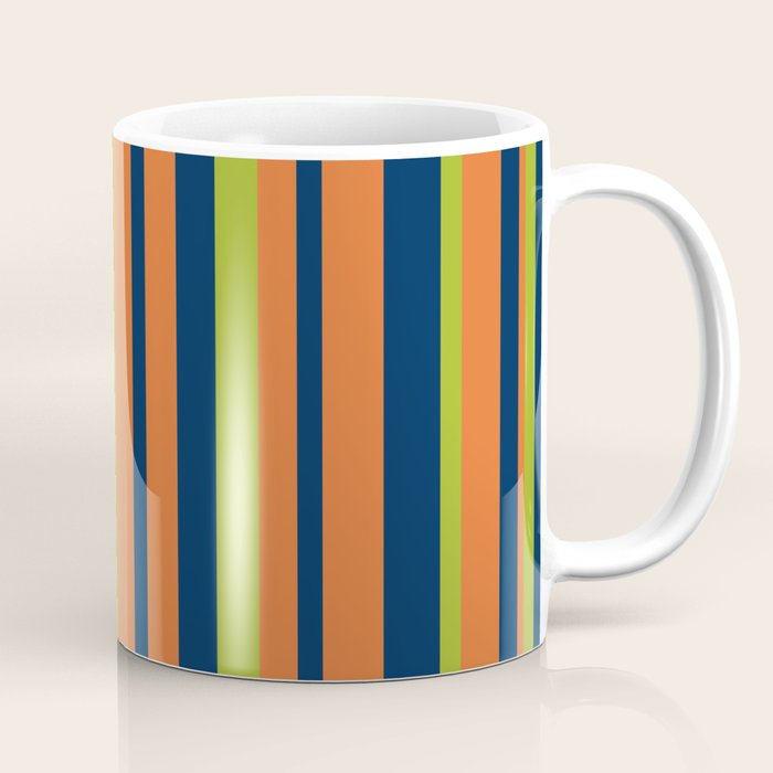 Vertical Retro Stripes in Navy Blue, Orange, and Lime Green Pattern Coffee Mug Gallery Image 1