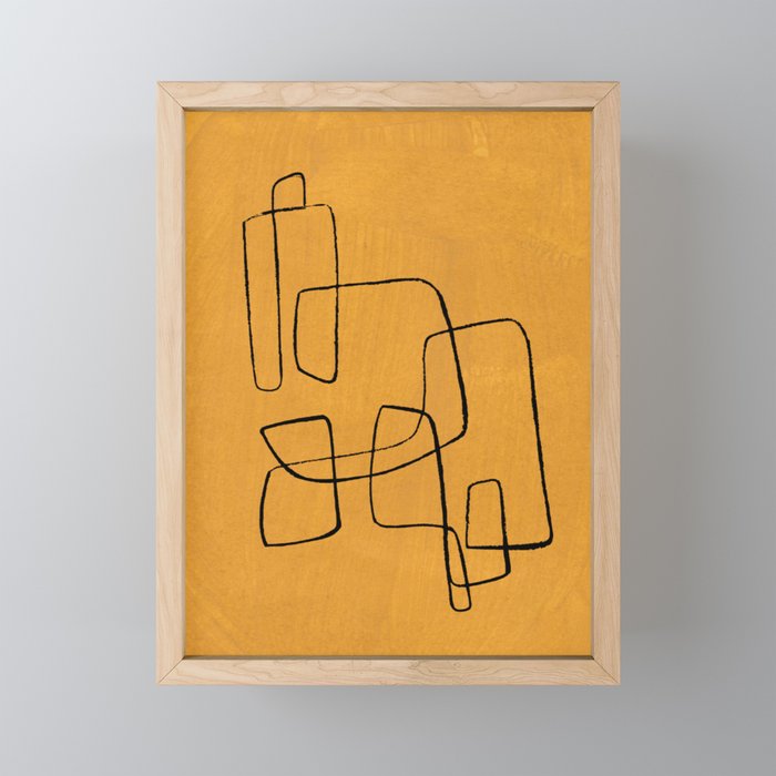 Minimalist Minimal Line Drawing Maze Mustard Yellow Painting Mid Century Modern Cool Funky Trendy Mini Art Print Gallery Image 1