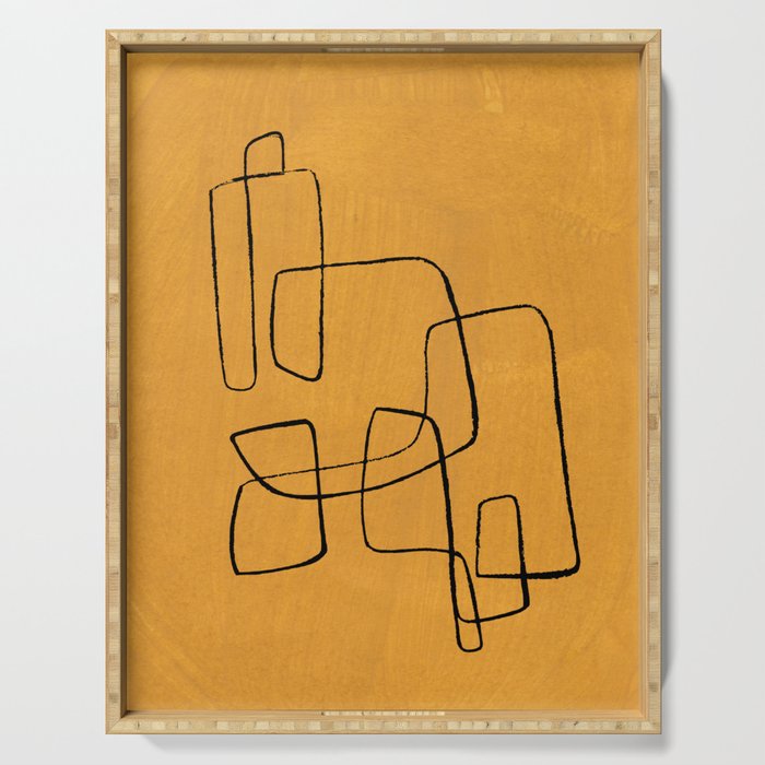 Minimalist Minimal Line Drawing Maze Mustard Yellow Painting Mid Century Modern Cool Funky Trendy Serving Tray Gallery Image 1