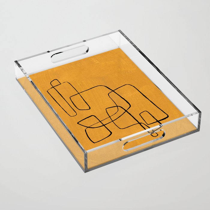 Minimalist Minimal Line Drawing Maze Mustard Yellow Painting Mid Century Modern Cool Funky Trendy Acrylic Tray Gallery Image 1