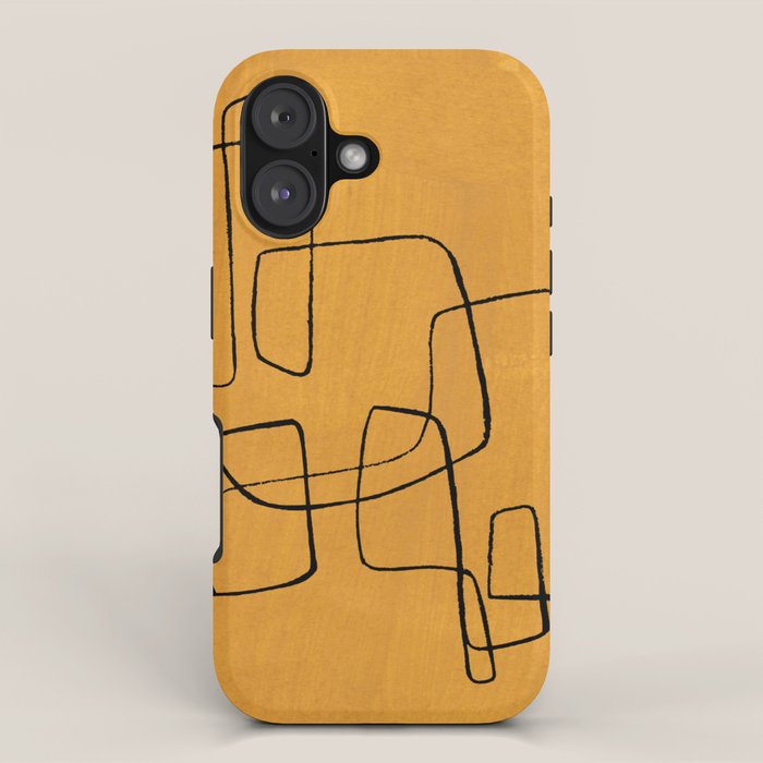 Minimalist Minimal Line Drawing Maze Mustard Yellow Painting Mid Century Modern Cool Funky Trendy iPhone Case Gallery Image 1