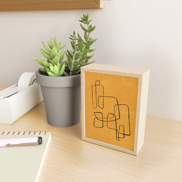 Minimalist Minimal Line Drawing Maze Mustard Yellow Painting Mid Century Modern Cool Funky Trendy Mini Art Print Gallery Image 2