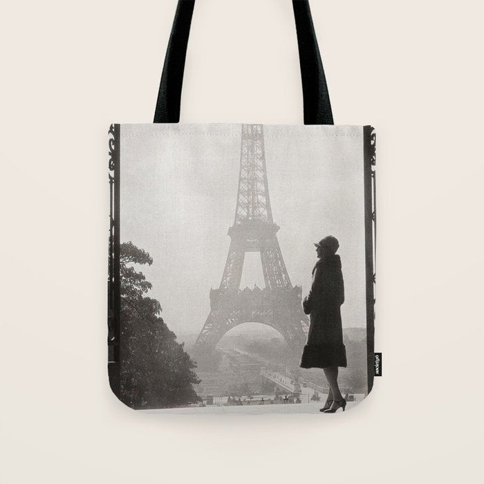 1920 Woman at the Gate, Eiffel Tower black and white photography / jazz age black & white photograph Tote Bag Gallery Image 1