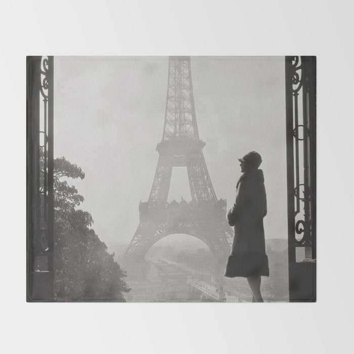 1920 Woman at the Gate, Eiffel Tower black and white photography / jazz age black & white photograph Throw Blanket Gallery Image 2
